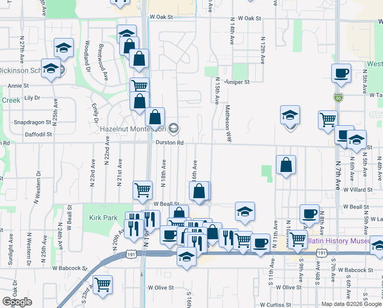 map of restaurants, bars, coffee shops, grocery stores, and more near 1604 Durston Road in Bozeman