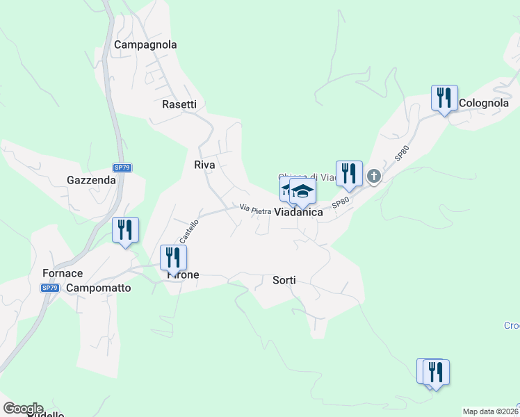 map of restaurants, bars, coffee shops, grocery stores, and more near 24 Via Pietra in Viadanica