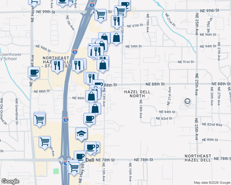 map of restaurants, bars, coffee shops, grocery stores, and more near 1317 Northeast 88th Street in Vancouver