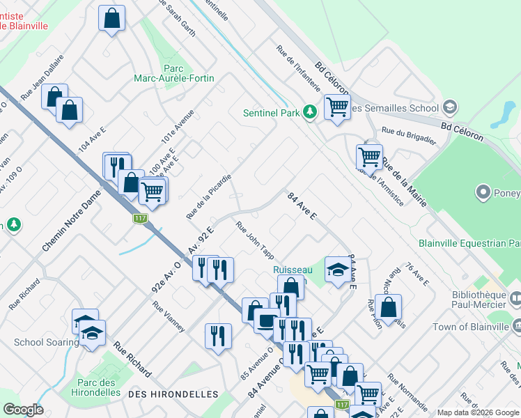map of restaurants, bars, coffee shops, grocery stores, and more near Avenue 92 Est in Blainville