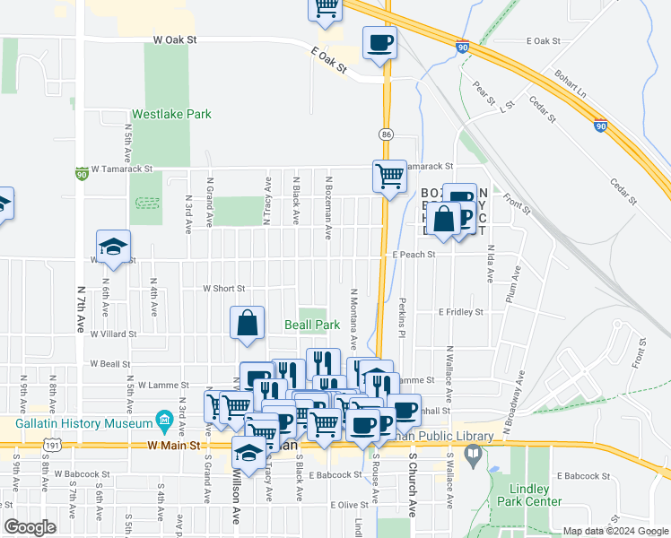 map of restaurants, bars, coffee shops, grocery stores, and more near 541 North Bozeman Avenue in Bozeman