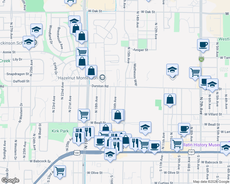 map of restaurants, bars, coffee shops, grocery stores, and more near 1604 Durston Road in Bozeman