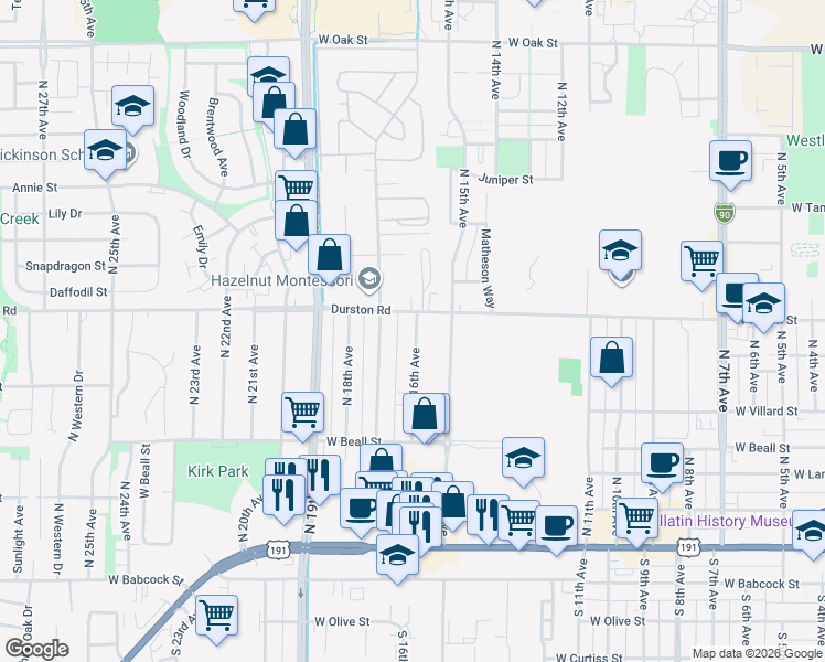 map of restaurants, bars, coffee shops, grocery stores, and more near 1604 Durston Road in Bozeman