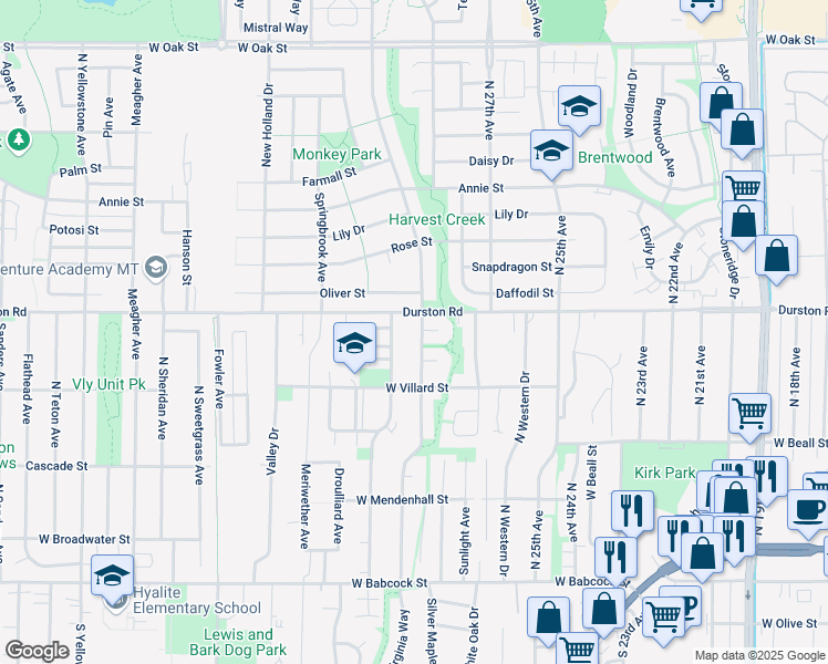 map of restaurants, bars, coffee shops, grocery stores, and more near 525 Dove Court in Bozeman