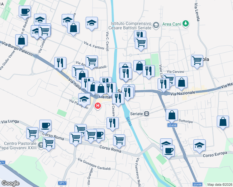 map of restaurants, bars, coffee shops, grocery stores, and more near 12-14 Via Costanza Cerioli in Seriate
