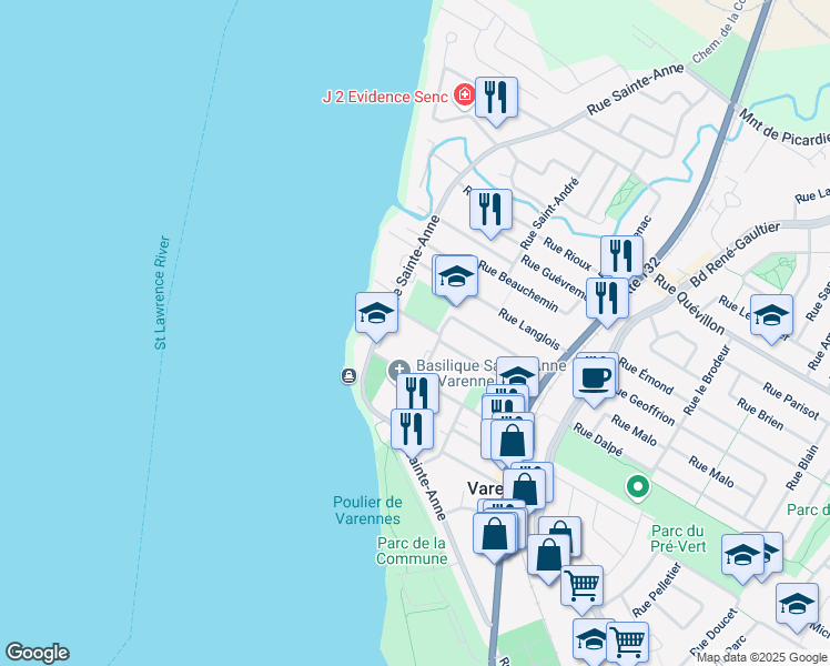 map of restaurants, bars, coffee shops, grocery stores, and more near 15 Rue Saint Joseph in Varennes