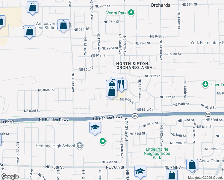map of restaurants, bars, coffee shops, grocery stores, and more near 13437 Northeast 86th Street in Orchards
