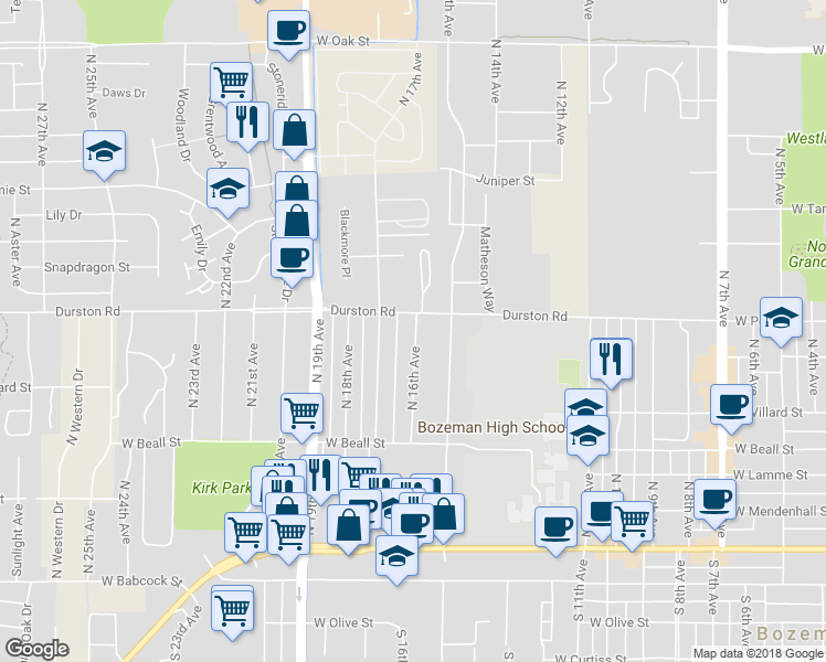 map of restaurants, bars, coffee shops, grocery stores, and more near 1604 Durston Road in Bozeman