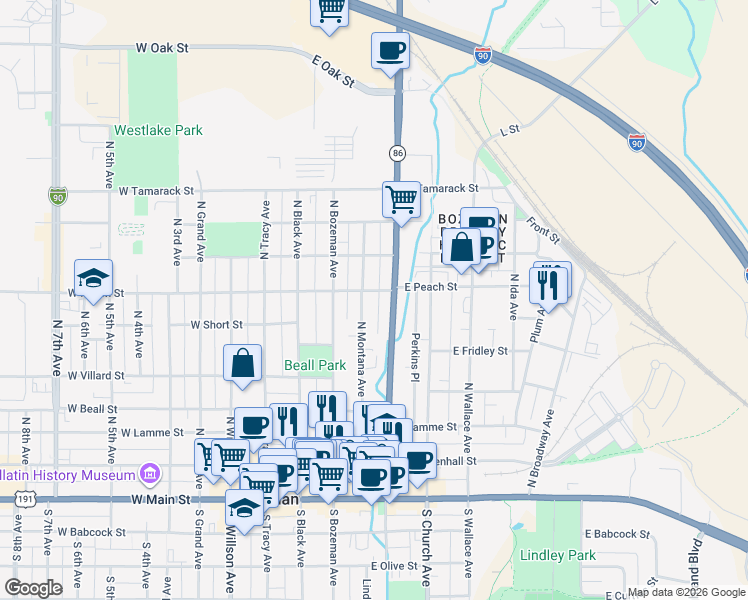 map of restaurants, bars, coffee shops, grocery stores, and more near 544 N Montana Ave in Bozeman
