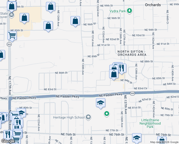 map of restaurants, bars, coffee shops, grocery stores, and more near 13504 Northeast 86th Street in Vancouver