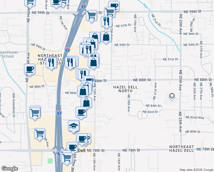 map of restaurants, bars, coffee shops, grocery stores, and more near 1317 Northeast 88th Street in Vancouver