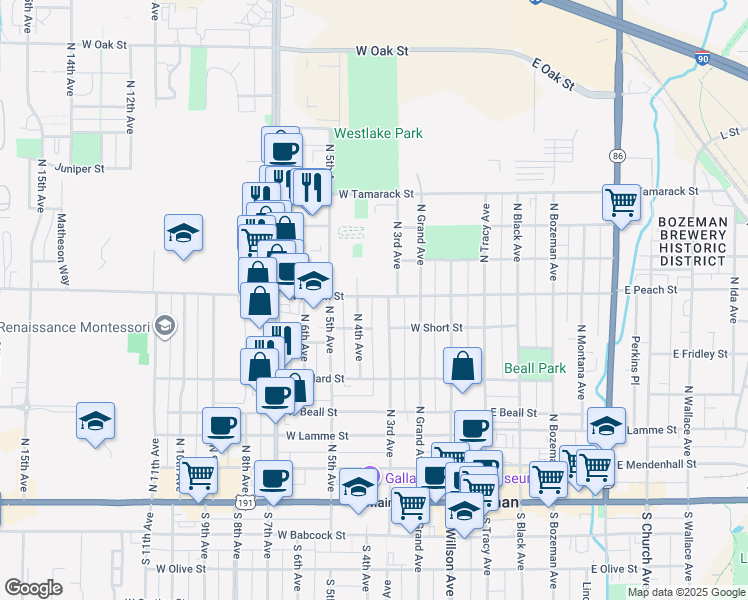 map of restaurants, bars, coffee shops, grocery stores, and more near 312 West Peach Street in Bozeman