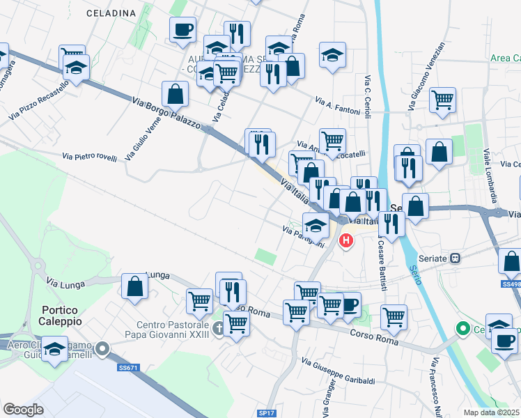 map of restaurants, bars, coffee shops, grocery stores, and more near 23 Via Torquato Tasso in Seriate