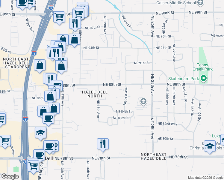 map of restaurants, bars, coffee shops, grocery stores, and more near 1909 Northeast 88th Street in Vancouver