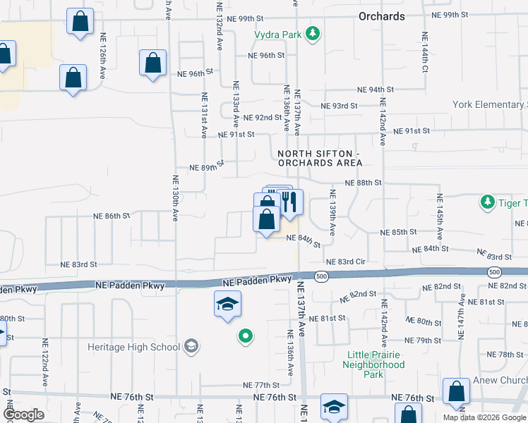 map of restaurants, bars, coffee shops, grocery stores, and more near 13437 Northeast 86th Street in Orchards