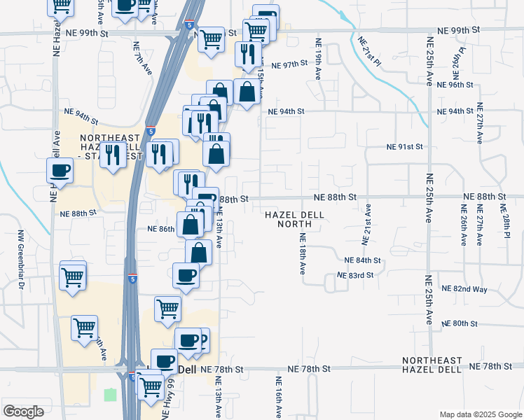 map of restaurants, bars, coffee shops, grocery stores, and more near 1501 Northeast 87th Way in Vancouver