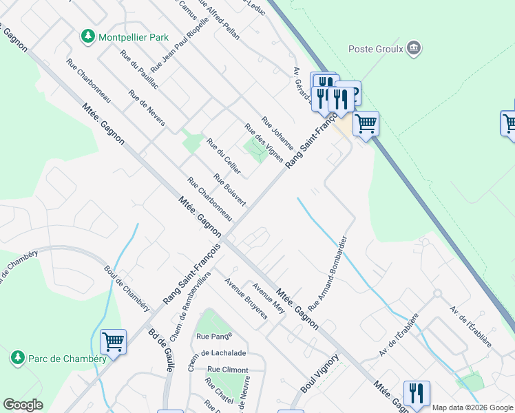 map of restaurants, bars, coffee shops, grocery stores, and more near 912 Rang Saint-François in Terrebonne