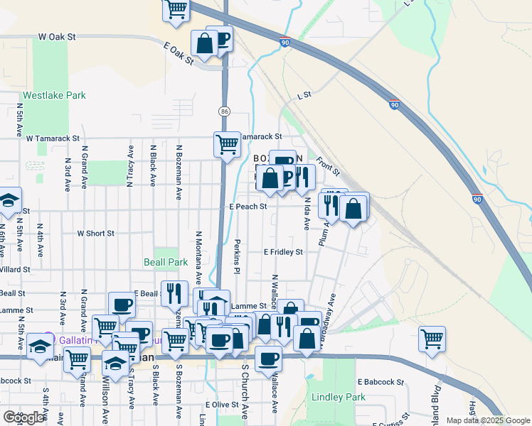 map of restaurants, bars, coffee shops, grocery stores, and more near 511 North Wallace Avenue in Bozeman