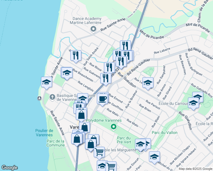 map of restaurants, bars, coffee shops, grocery stores, and more near 2350 Boulevard René-Gaultier in Varennes