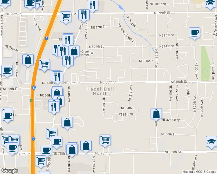 map of restaurants, bars, coffee shops, grocery stores, and more near 1807 Northeast 88th Street in Vancouver