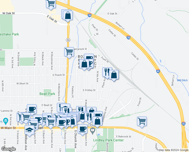 map of restaurants, bars, coffee shops, grocery stores, and more near 626 East Peach Street in Bozeman