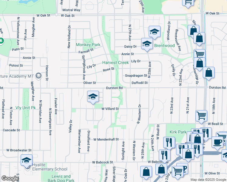 map of restaurants, bars, coffee shops, grocery stores, and more near 525 Dove Court in Bozeman
