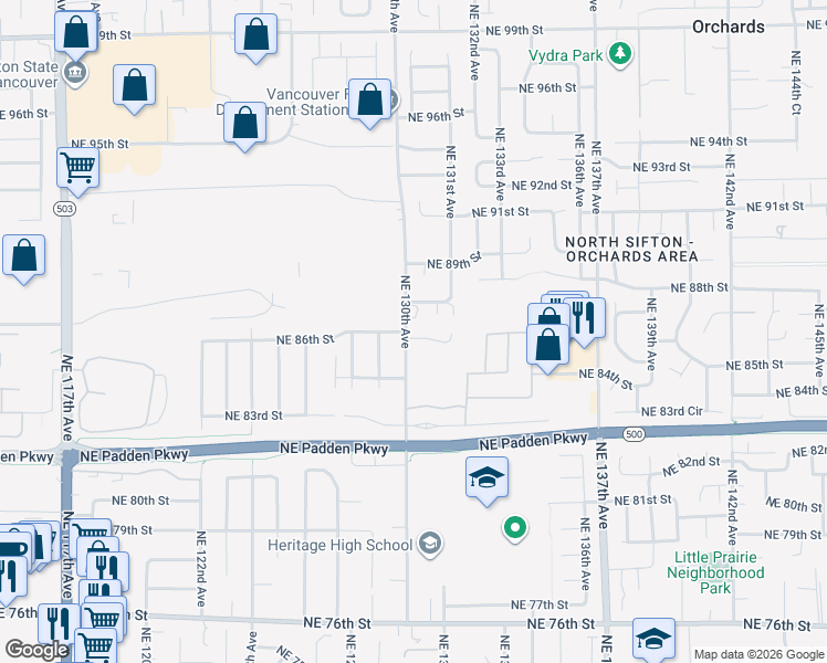 map of restaurants, bars, coffee shops, grocery stores, and more near 8607 Northeast 130th Avenue in Vancouver