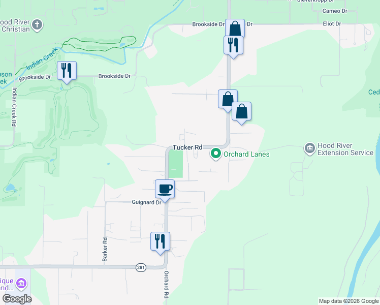 map of restaurants, bars, coffee shops, grocery stores, and more near 1175 Tucker Road in Hood River