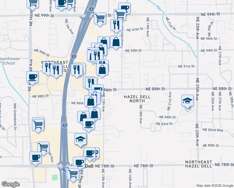 map of restaurants, bars, coffee shops, grocery stores, and more near 1317 Northeast 88th Street in Vancouver