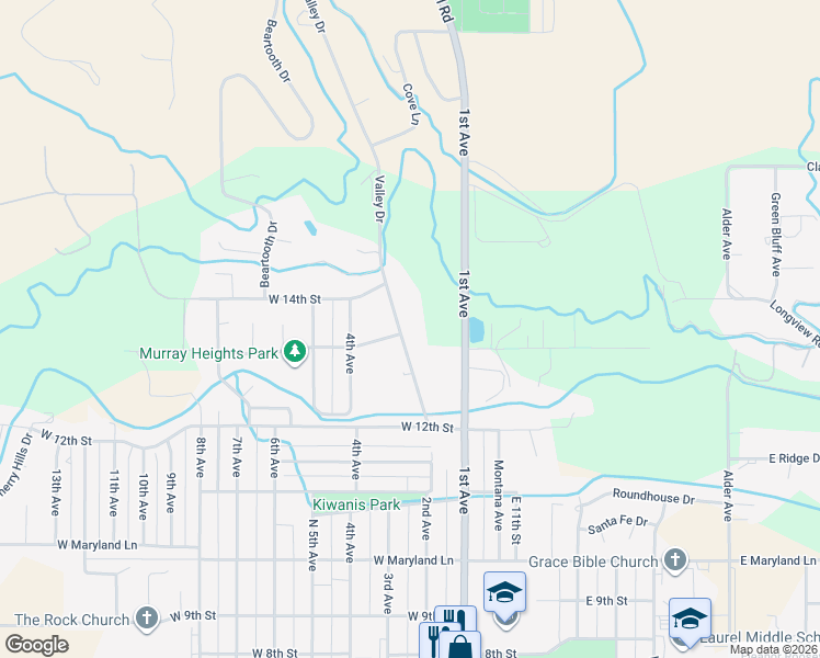 map of restaurants, bars, coffee shops, grocery stores, and more near 1305 Valley Drive in Laurel