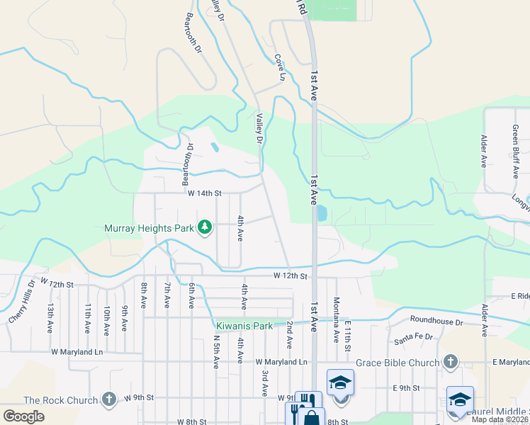 map of restaurants, bars, coffee shops, grocery stores, and more near 1305 Valley Drive in Laurel