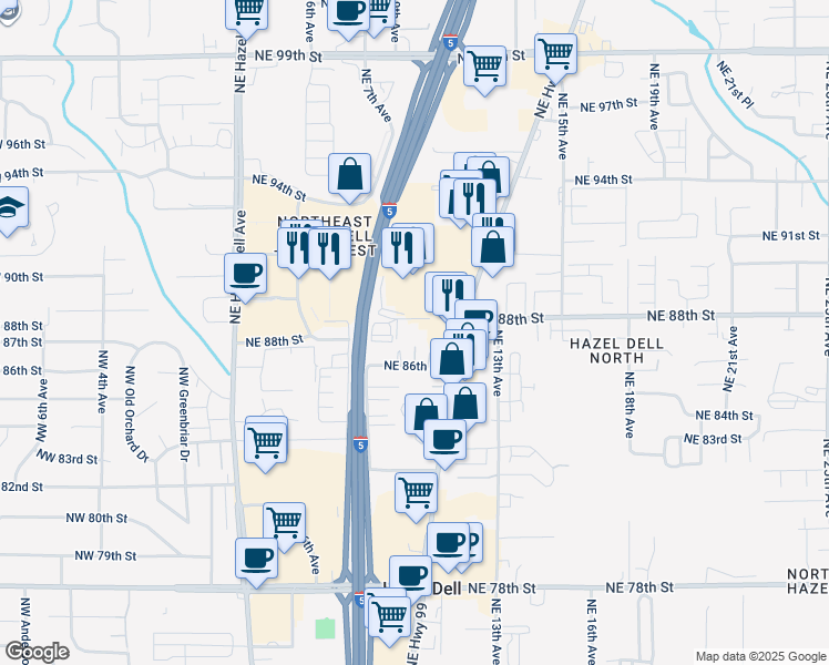 map of restaurants, bars, coffee shops, grocery stores, and more near 909 Northeast 88th Circle in Vancouver
