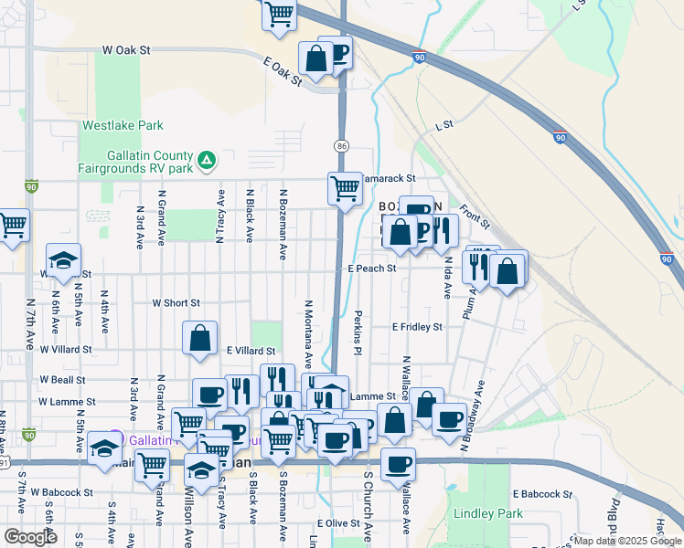 map of restaurants, bars, coffee shops, grocery stores, and more near 544 Montana 86 in Bozeman