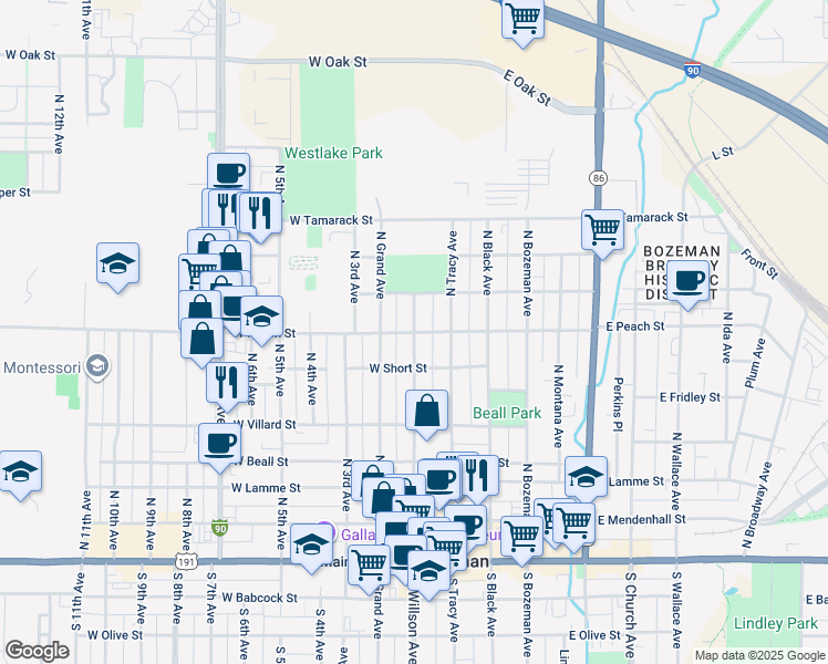 map of restaurants, bars, coffee shops, grocery stores, and more near 100 West Peach Street in Bozeman