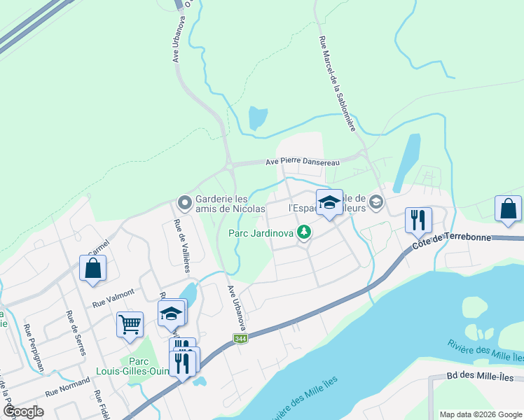 map of restaurants, bars, coffee shops, grocery stores, and more near 645 Rue René-Lecavalier in Terrebonne