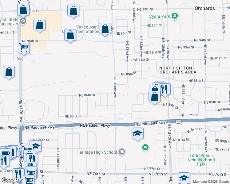 map of restaurants, bars, coffee shops, grocery stores, and more near 8608 Northeast 130th Avenue in Vancouver