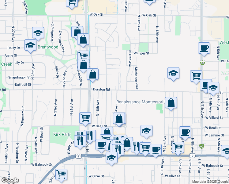 map of restaurants, bars, coffee shops, grocery stores, and more near 1604 Durston Road in Bozeman