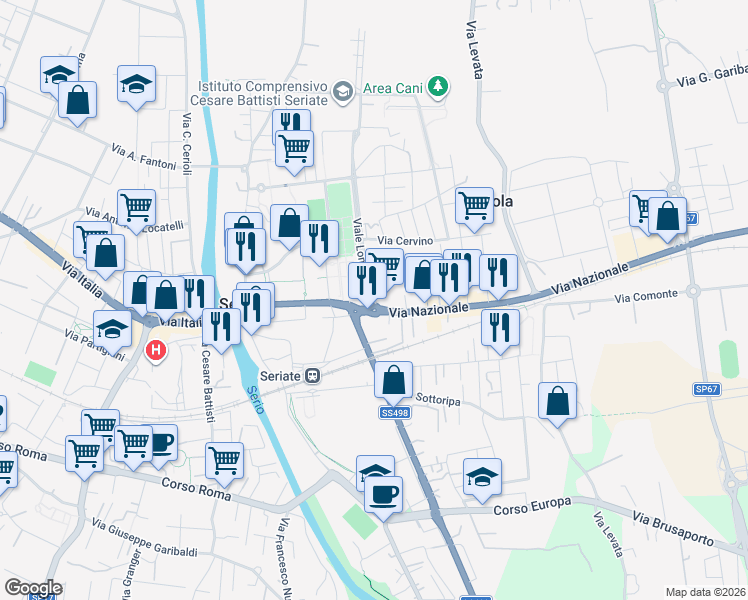 map of restaurants, bars, coffee shops, grocery stores, and more near 6 Via Nazionale in Seriate