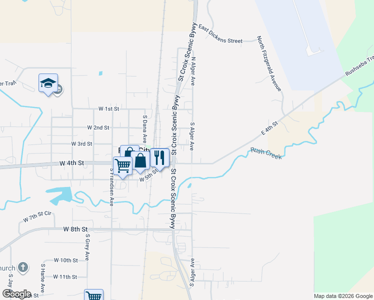 map of restaurants, bars, coffee shops, grocery stores, and more near 30 West 3rd Street in Rush City
