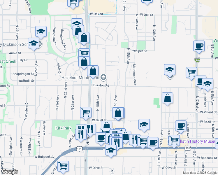 map of restaurants, bars, coffee shops, grocery stores, and more near 1604 Durston Road in Bozeman