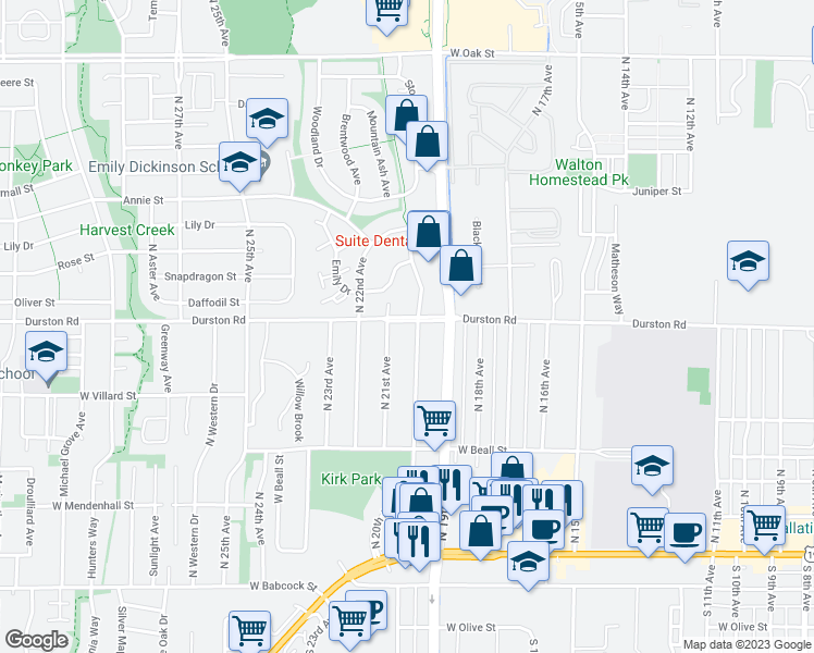 map of restaurants, bars, coffee shops, grocery stores, and more near 525 North 20th Avenue in Bozeman