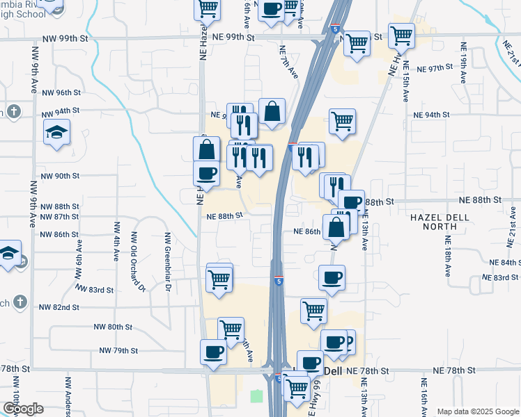 map of restaurants, bars, coffee shops, grocery stores, and more near 601 Northeast 88th Street in Vancouver