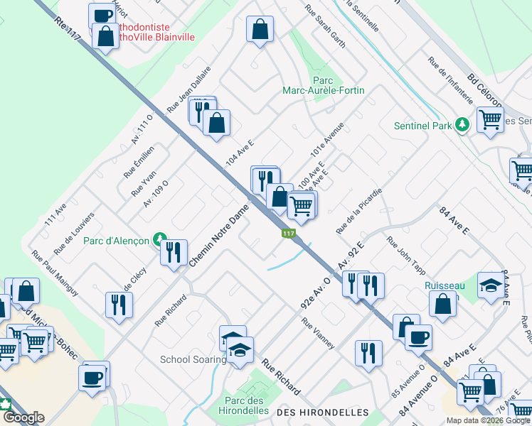map of restaurants, bars, coffee shops, grocery stores, and more near 1273 Boulevard Curé-Labelle in Blainville