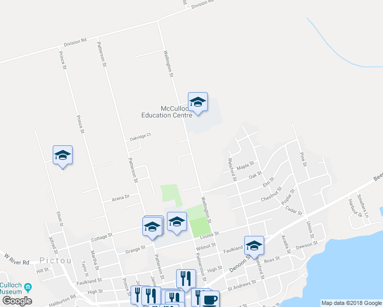 map of restaurants, bars, coffee shops, grocery stores, and more near Wellington Street in Pictou