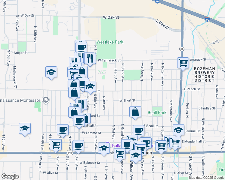 map of restaurants, bars, coffee shops, grocery stores, and more near 312 West Peach Street in Bozeman