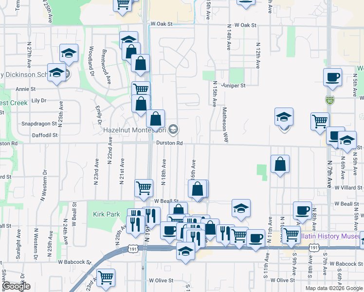 map of restaurants, bars, coffee shops, grocery stores, and more near 1604 Durston Road in Bozeman