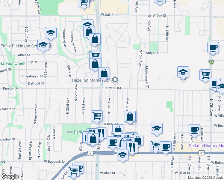 map of restaurants, bars, coffee shops, grocery stores, and more near 517 North 17th Avenue in Bozeman