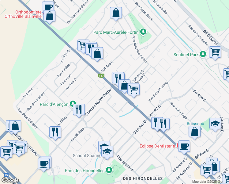 map of restaurants, bars, coffee shops, grocery stores, and more near 1273 Boulevard Curé-Labelle in Blainville
