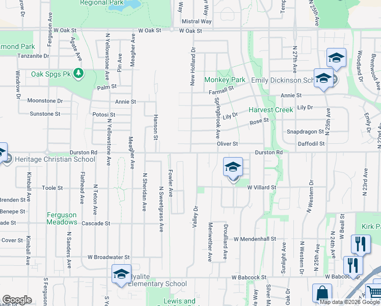 map of restaurants, bars, coffee shops, grocery stores, and more near 5060 Durston Road in Bozeman