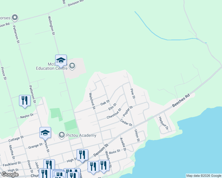 map of restaurants, bars, coffee shops, grocery stores, and more near 164 Oak Street in Pictou